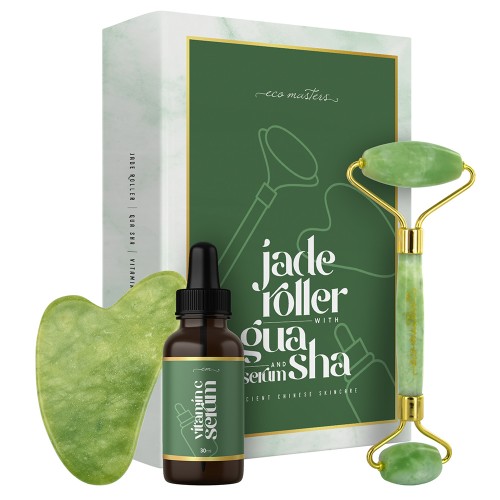 Rullo facciale in giada Eco Masters con strumento Gua Sha + siero - 1x rullo di giada + 1x strumento Gua Sha + siero vitamina C 30 ml 
